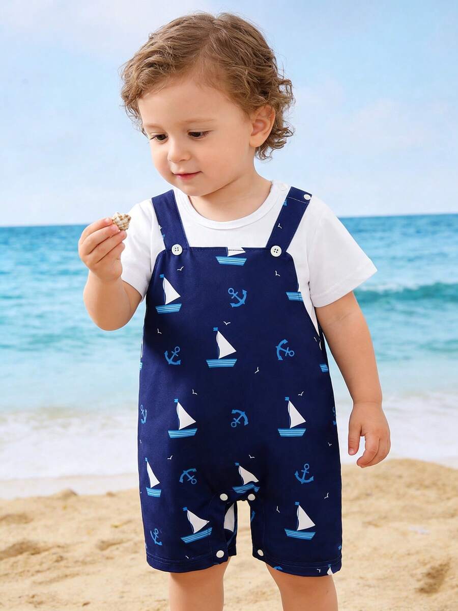 Nautical Summer Sailboat Print Baby Romper, Infant Outdoor Clothing - White - View 1