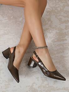 Women's Spring/Autumn New Rhinestone Decor Backless Low Heel Mules, Versatile Comfortable Pointed Toe High Heels - Brown - View 2