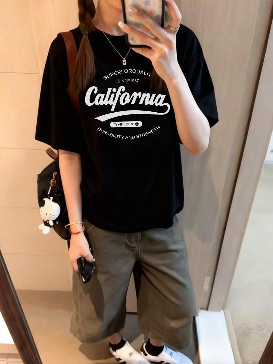 2026夏季新款女式圆领休闲宽松英文印花图案T恤，街头时尚百搭短袖T恤 - 黑色 - 查看 1