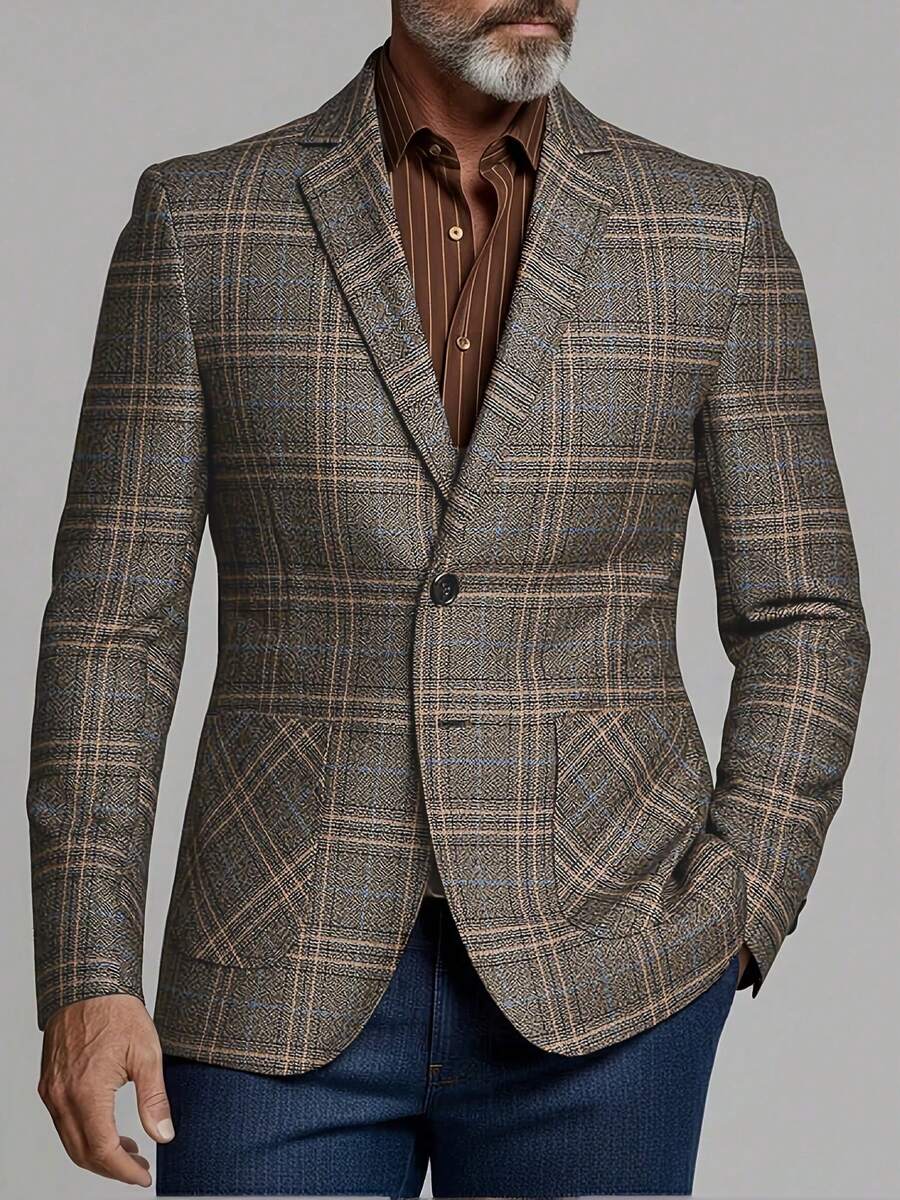 男士复古格纹休闲西装外套，单排扣，翻领，常规版型 - 紫紅色 - 查看 1