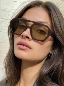 1 Pair Women's Brown Polygon Retro Double-Bridge Fashionable Street Style Personalized PC Frame Glasses - Brown - View 2
