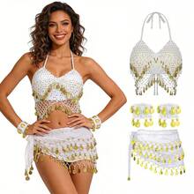 一套手工亮片串珠流苏吊带背心，搭配多色金属面料闪光腰裙；一对多色人像金属硬币雪纺手链；适合肚皮舞表演、派对、海滩、波西米亚复古风格。 - 彩色 - 查看 2
