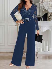 ChicMe Women's Rhinestone Shell Trim Deep V-Neck Lace Patchwork Jumpsuit, High Waist Zipper Back Straight Leg, Elegant Party Cocktail Dress Spring - Blue - View 3