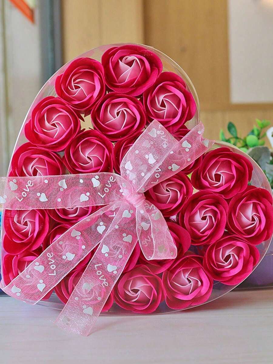 玫瑰花瓣香皂，心形花皂盒，结婚礼物，情人节创意礼物，仿真花香皂花瓣套装，红玫瑰花洗手皂花瓣 - 粉紅色 - 查看 1