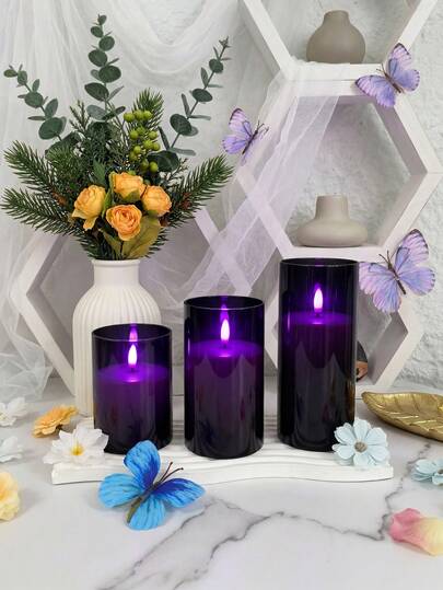 Bộ 3 nến giả lập nhấp nháy không lửa có hẹn giờ và điều khiển từ xa, nến chạy bằng pin với sáp đen và ngọn lửa tím, thích hợp để trang trí bàn, Giáng sinh, Halloween, Ngày lễ tình nhân, lễ hội âm nhạc, bàn ăn, trang trí phòng, đám cưới, tiệc tùng, làm quà tặng.