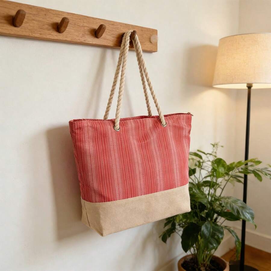 1 unidad de bolso de mano de paja a rayas bicolor con gran capacidad, ideal para playa, picnic, viajes y salidas diarias, también como complemento de estilo casual, plegable y fácil de transportar. - 190304002 Rojo - Ver 1