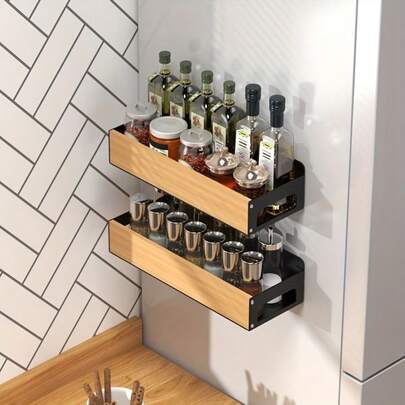 Magnetický stojan na koreničky, nástenný organizér do kuchyne, bočný závesný stojan na chladničku, držiak na fľaše s korením, multifunkčné police, bez nutnosti vŕtania