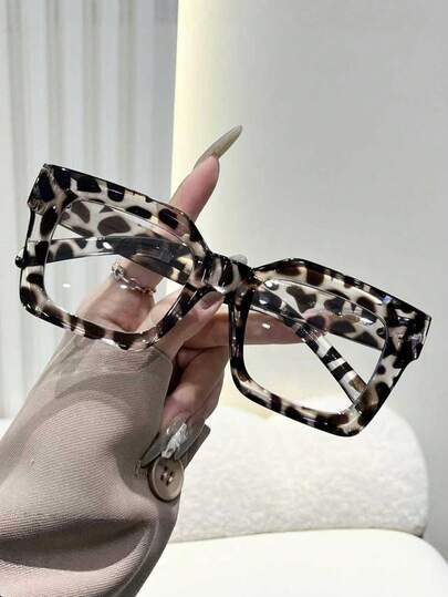 1pc Unisex White Leopard Print Thick Frame Square Nerd Glasses, Casual Retro Fashion Glasses Suitable For Back To School