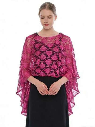 1pc Paisley Pattern Polyester Fiber Asymmetrical Design Lace Poncho Shawl, Suitable For Formal Occasions, Vacation And All Seasons