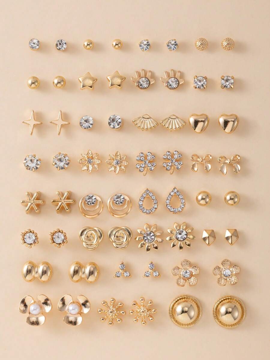 30对耳环套装，款式多样，包括蝴蝶结、方形、仿珍珠、水钻、花朵、心形、圆形等时尚耳环，设计独特，适合作为节日礼物。 - 金黃色 - 查看 1