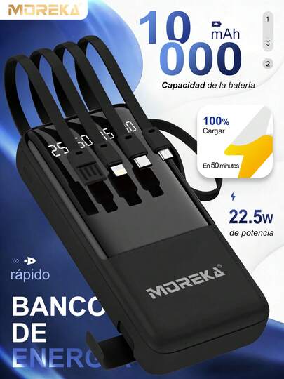La batería externa portátil MOREKA cuenta con una batería integrada de 10 000 mAh, admite carga rápida de 22,5 W, cuenta con una pantalla digital de 4 líneas y es compatible con los protocolos PD3.0 y QC4.0. Cuenta con tres puertos USB-C, lo que permite usarla como linterna y cargador de teléfono, y es compatible con Apple 16/15/14/13/12.