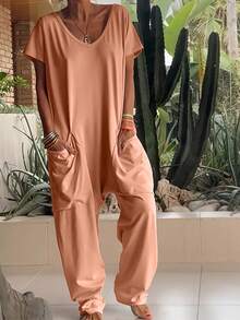 Women's V-Neck Short Sleeve Jumpsuit Summer Elegant - Orange - View 2