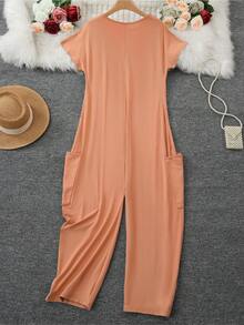 Women's V-Neck Short Sleeve Jumpsuit Summer Elegant - Orange - View 6