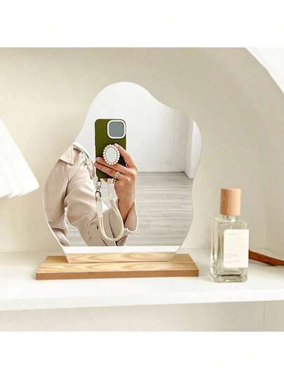Acrylic Mirror + Wooden Base, Irregular Pattern Decorative Mirror, Acrylic Base Exquisite Tabletop Makeup Mirror, Wooden Frame Decoration, Bedroom Tabletop Dressing Table Makeup Mirror, Home Decor, Bedroom Accessories, Room Bathroom Decor