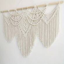 1pc Bohemian Macrame Wall Hanging - Large Handwoven Tassel Lace Tapestry With Wooden Rod, Acrylic Fiber Fabric, Horizontal Indoor Wall Decor For Living Room, Bedroom, Or Headboard, Bedroom Accent Piece | Bohemian Style | Handwoven Texture - 米白色 - 查看 3