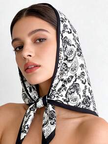 1pc Fashionable Retro Cashew Flower Print Multifunctional Scarf Shawl, Suitable For Daily, Office, Vacation And Other Occasions - Black - View 6