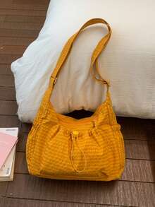 格子女士单肩包，休闲百搭可折叠拉链封口可调节肩带手提包，适合日常使用，学生/大学生适用，简约可爱褶皱多口袋抽绳前袋布包，卡哇伊 - 彩色 - 查看 18