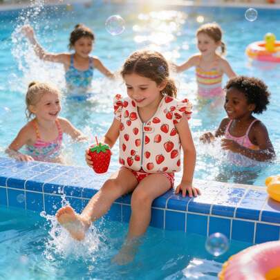 Strawberry Print Ruffle Sleeve Kids Life Jacket - Lightweight Buoyant Swimming Jacket Suitable For Toddler Girls