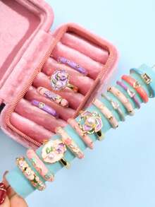 4件套 时尚精致优雅可爱小众设计 水钻花朵珍珠戒指，女士日常节日派对礼物首饰 - 彩色 - 查看 3