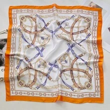 1件女款鏈條印花方巾，百搭印花方巾，腰帶、包包裝飾雪紡圍巾，適合日常穿著 - 黑色 - 查看 5