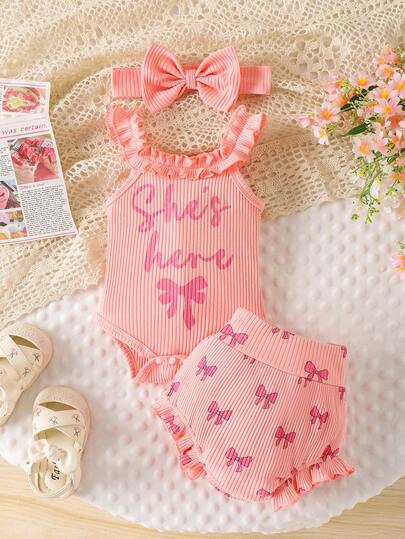 2件套女婴可爱舒适碎花连体衣+短裤套装，轻薄夏季装