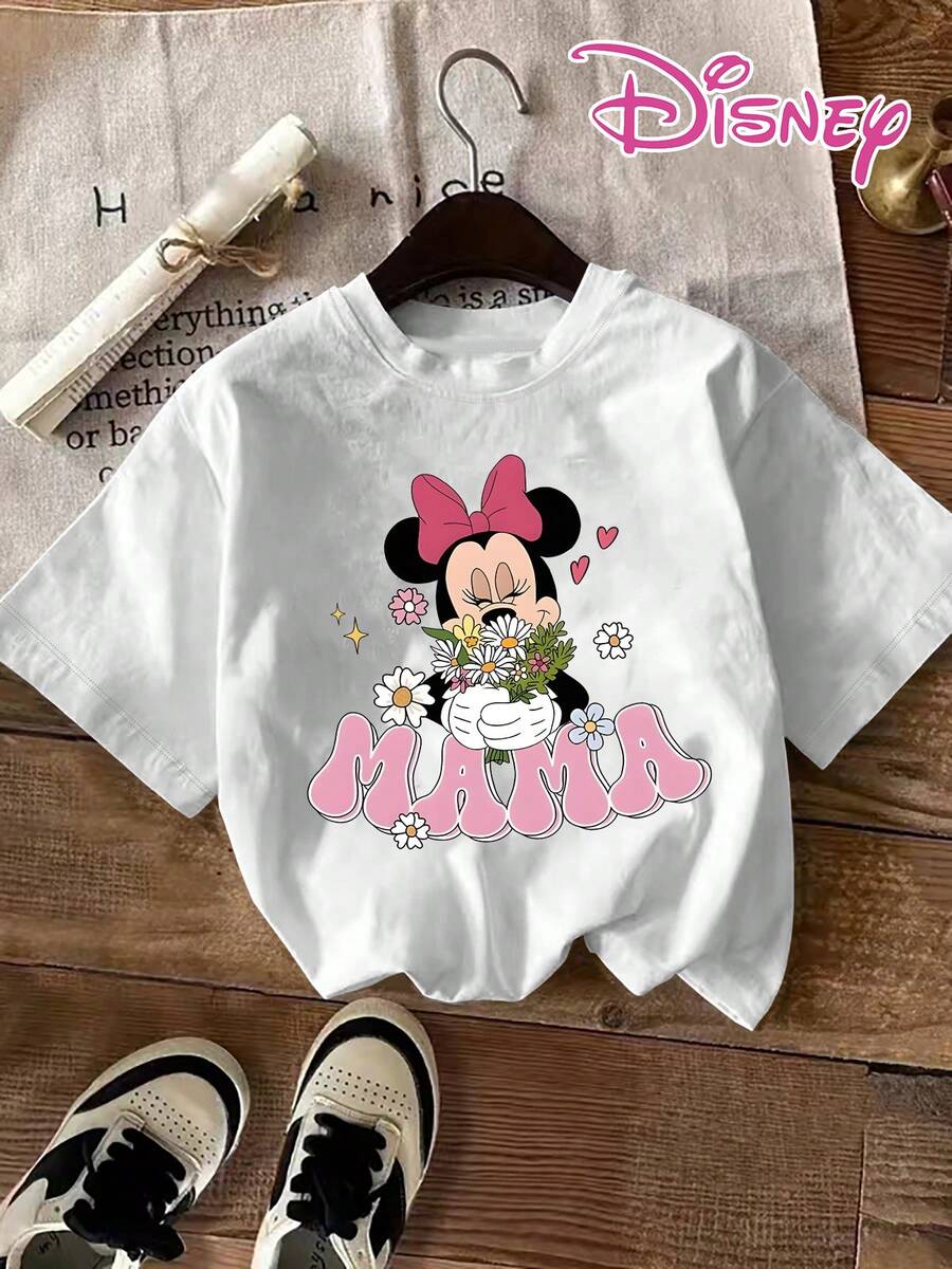 Disney Mother's Day Minnie Mouse Cartoon Print Holding A Bouquet Of Flowers, Paired With The Artistic "MAMA" Lettering And Scattered Floral Decorations. Disney New Summer Short-Sleeve T-Shirt For Women, Casual And Fashionable Printed Tee - White - View 1