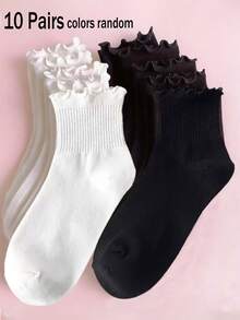 3/5/6/9/10 Pairs Ruffle Trim Ankle Socks, Cute Frill Edge Casual Socks, Soft Comfortable Solid Color Women Socks - Multicolor - View 9
