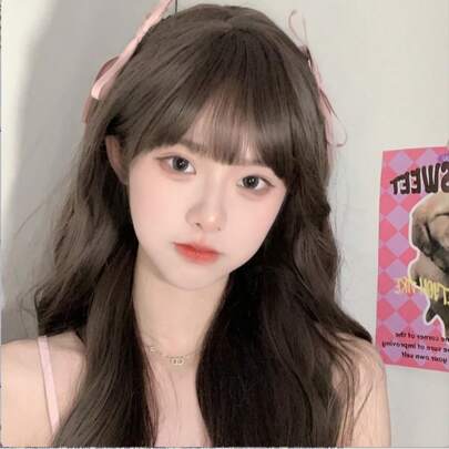 28-Inch Long Synthetic Wig Featuring A Natural Wavy Style In A Stunning Brown. Designed With Bangs , It Is Crafted From Heat-Resistant Fiber To Ensure Durability. This False Hairpiece Is Perfect For Daily Use, Offering A Natural And Realistic Appearance That Mimics Real Human Hair