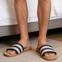 Men's Linen Slippers, Lightweight Non-Slip Indoor Slippers For Bedroom, Summer - Blue - View 4