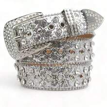 1pc Unisex Rhinestone Embellished Belt, Suitable For Party And Daily Wear - Silver - View 7