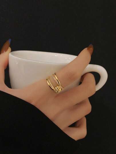 1 pieza Anillo abierto ajustable con diseño floral de doble aro, joyería minimalista y personalizada para mujeres