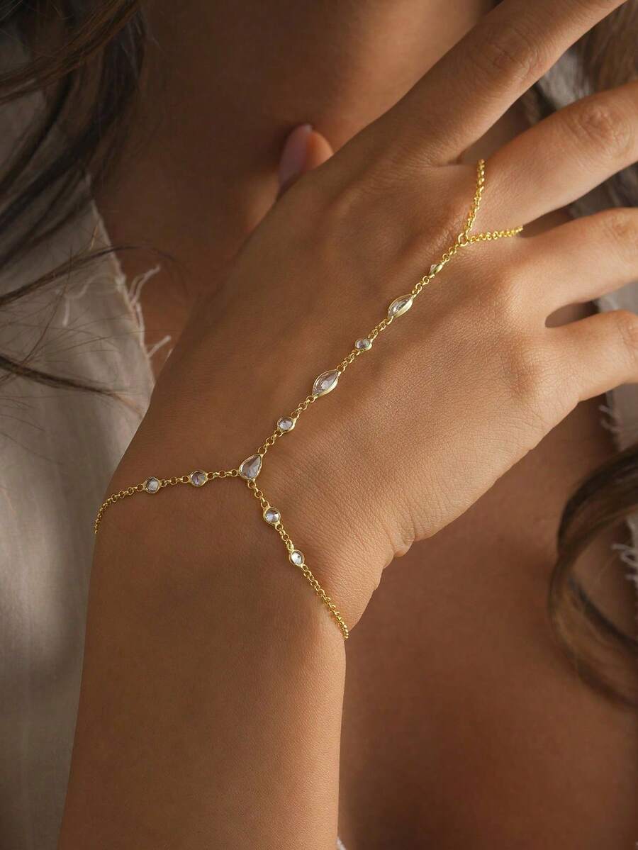 1件简约日常闪亮水晶链条手链，复古优雅几何水钻手链，女士款 - 金色 - 查看 1