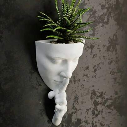 Wall Mounted Face Planter With Finger "Shh" Design, Modern Hanging Planter Pot For Succulents, Cactus & Small Indoor Plants, Decorative Wall Vase For Home Office (Black/White)
