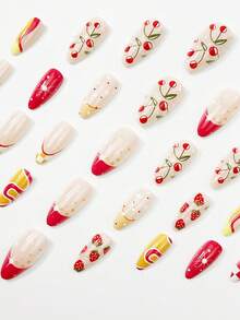 24pcs Almond-Shaped Nail Stickers, Retro Style Nail Stickers, Classic French Manicure Stickers, Strawberry & Cherry Patterns, Plaid & Asymmetrical Lines, White Star Design, Fresh & Beautiful Nail Sticker Set, Suitable For Girls, Office Ladies, Daily Wear, Dates, Holidays, Parties, Spring/Summer Adhesive Fake Nails - Multicolor - View 3