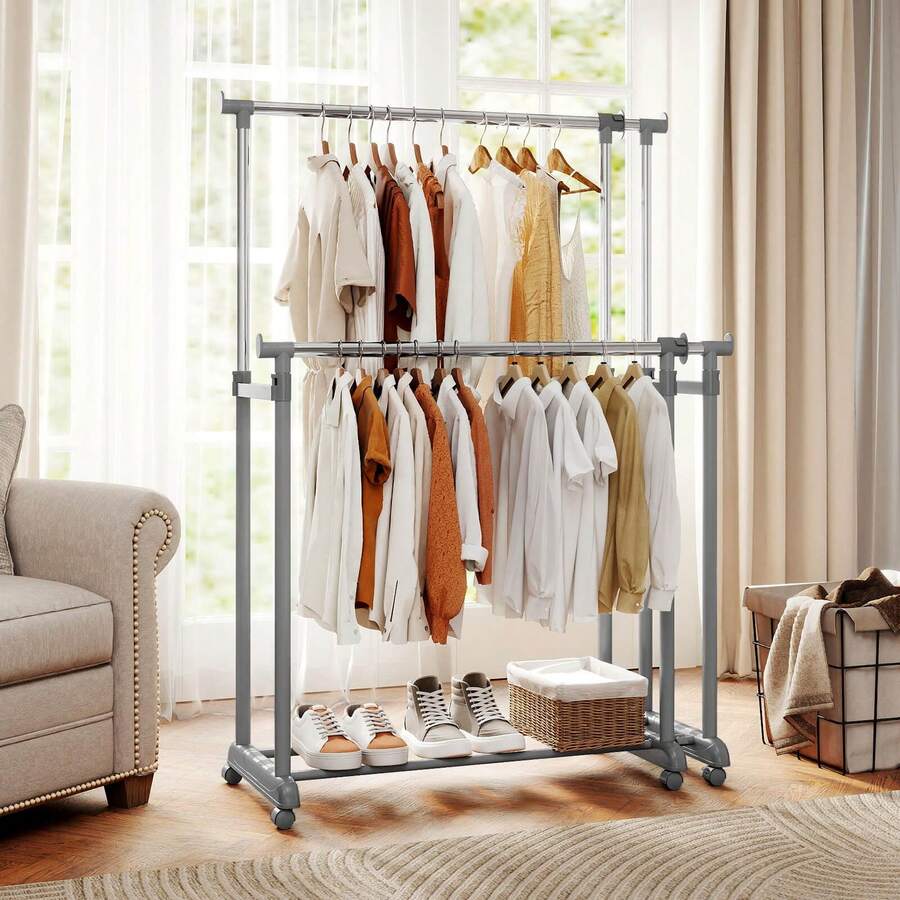 Double Rod Clothes Rack With Extendable Height & Width For Dressing Room, Laundry - A - View 1