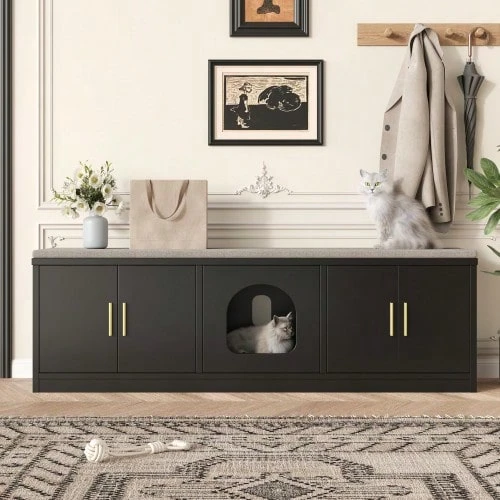 Meuble pour chat dissimulé 140 x 40 x 45,5 cm - Griffoir et ventilation intégrés, mobilier pour animaux de compagnie pour couloir et entrée, meuble multifonctionnel pour chat, maison pour animaux, meuble pour litière, toilettes pour animaux - Voir 1