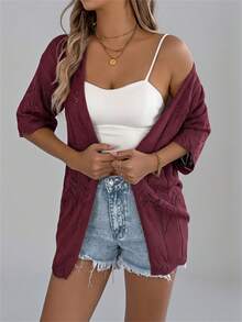 Áo khoác cardigan dệt kim tay ngắn khoét lỗ mùa hè mới, áo khoác mỏng che chắn khi đi biển cho nữ. - Màu Đỏ Sâu - Xem 3