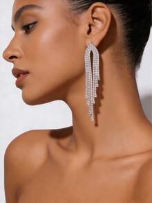 1对时尚U型不对称闪亮水钻流苏耳环，波西米亚风格长款耳环，适合派对和聚会佩戴 - 銀色 - 查看 1