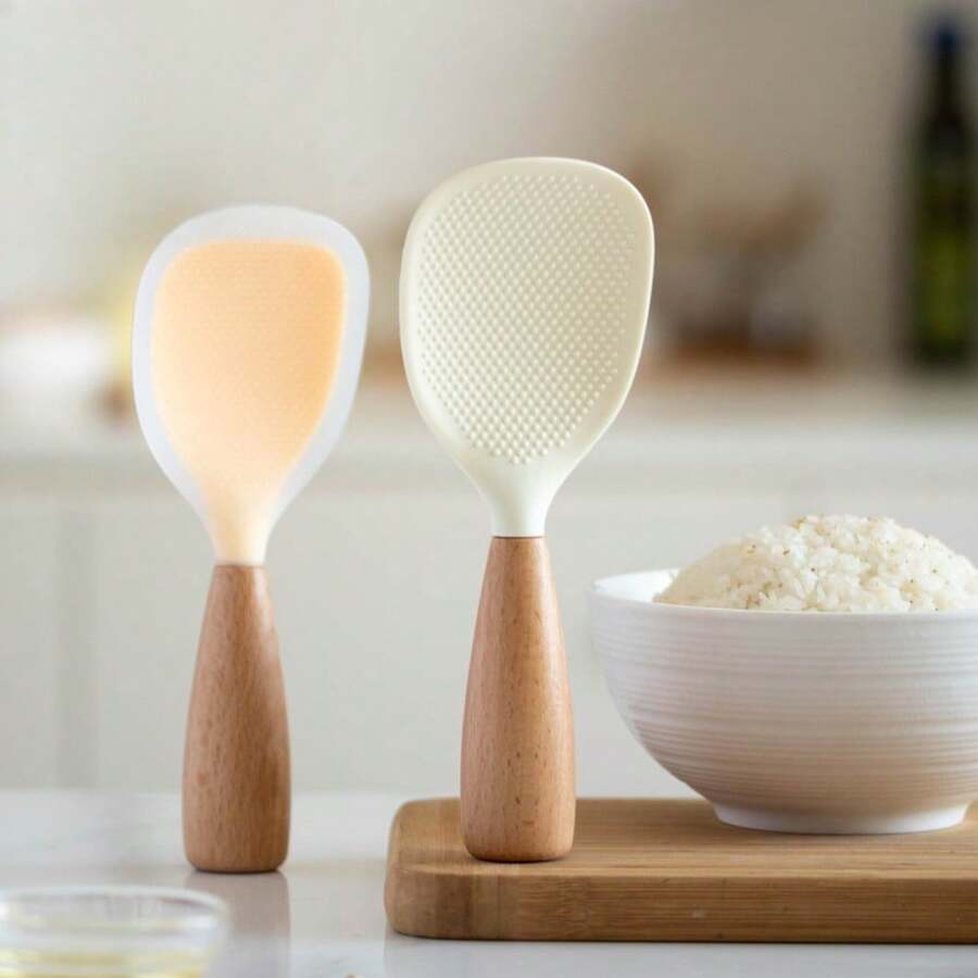 Silicone Rice Spoon, Non-Stick Upright Rice Scoop, Wooden Handle Heat-Resistant Serving Spoon, Heat-Resistant Rice Cooker Spoon, Small Kitchen Tool - View 1