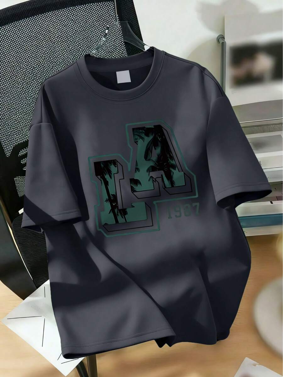 Teenage Boys' LA Print Round Neck T-Shirt, Casual Soft Top For Summer - Dark Grey - View 1