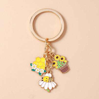 1pc Fashionable Cute Cartoon Bee & Sunflower Honeycomb Keychain, Back To School, Teacher's Day Bag Charm