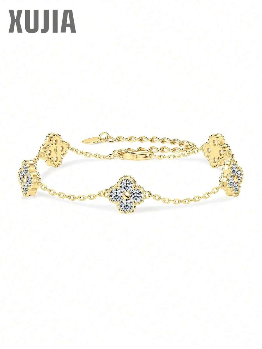 XUJIA 1条925纯银四叶草女士时尚手链，20颗3毫米圆形莫桑石幸运吊坠，情人节送给女友/妻子的甜蜜礼物