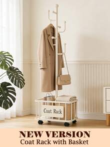 Perchero con cesta de almacenaje, perchero independiente, perchero para sombreros, bufandas, bolsos y ropa, perchero moderno para entrada, perchero móvil para dormitorio, sala de estar, oficina, pasillo, fácil acceso, decoración de pasillo, negro, blanco y dorado. - Blanco - Ver 11