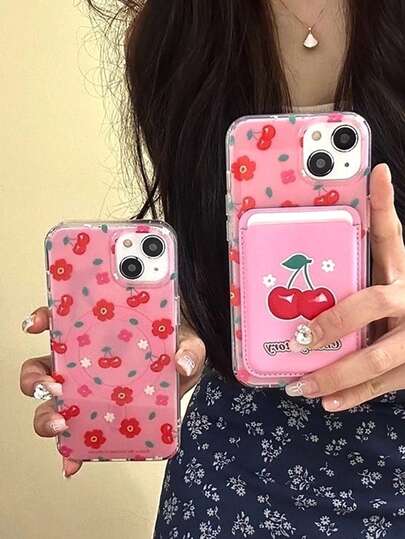 1个粉色磁吸樱花手机壳 + 磁吸PU皮革卡槽 TPU防震手机壳，适用于 11/12/13/14/15/16/17/PROMAX