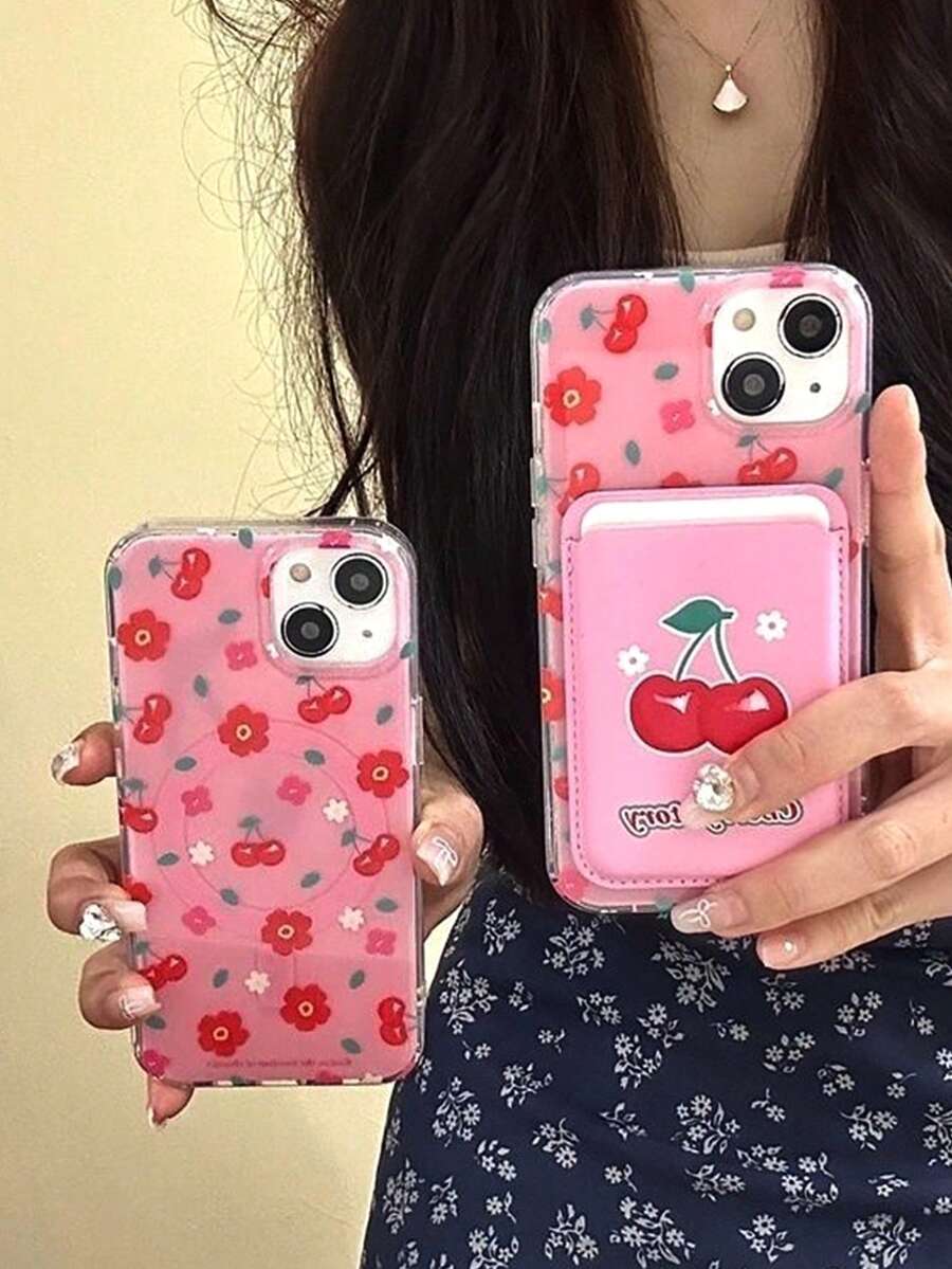 1个粉色磁吸樱花手机壳 + 磁吸PU皮革卡槽 TPU防震手机壳，适用于 11/12/13/14/15/16/17/PROMAX - 粉色 - 查看 1