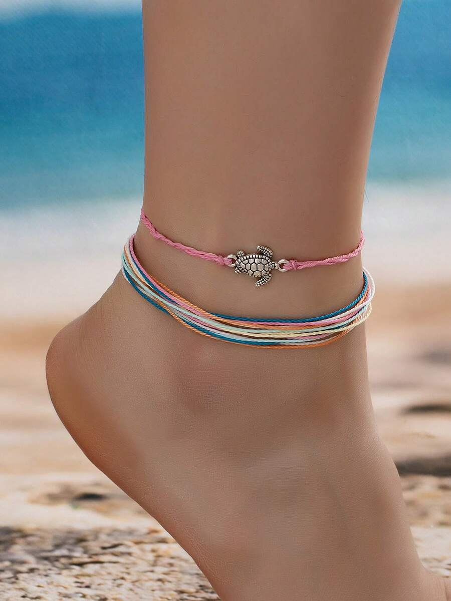 2pcs/Set Bohemian Style Woven Wax Rope Anklet Set, Handmade Elastic Adjustable Rope Anklet Set, Suitable For Beach Vacation And Daily Wear Ocean Style Foot Jewelry - Turtle Accessory Anklet Set - View 1