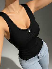 Áo camisole ôm dáng, cổ ren đen, chất liệu gân, thoải mái, mềm mại, không tay, có đệm ngực tích hợp, trang trí nơ. - màu đen - Xem 2
