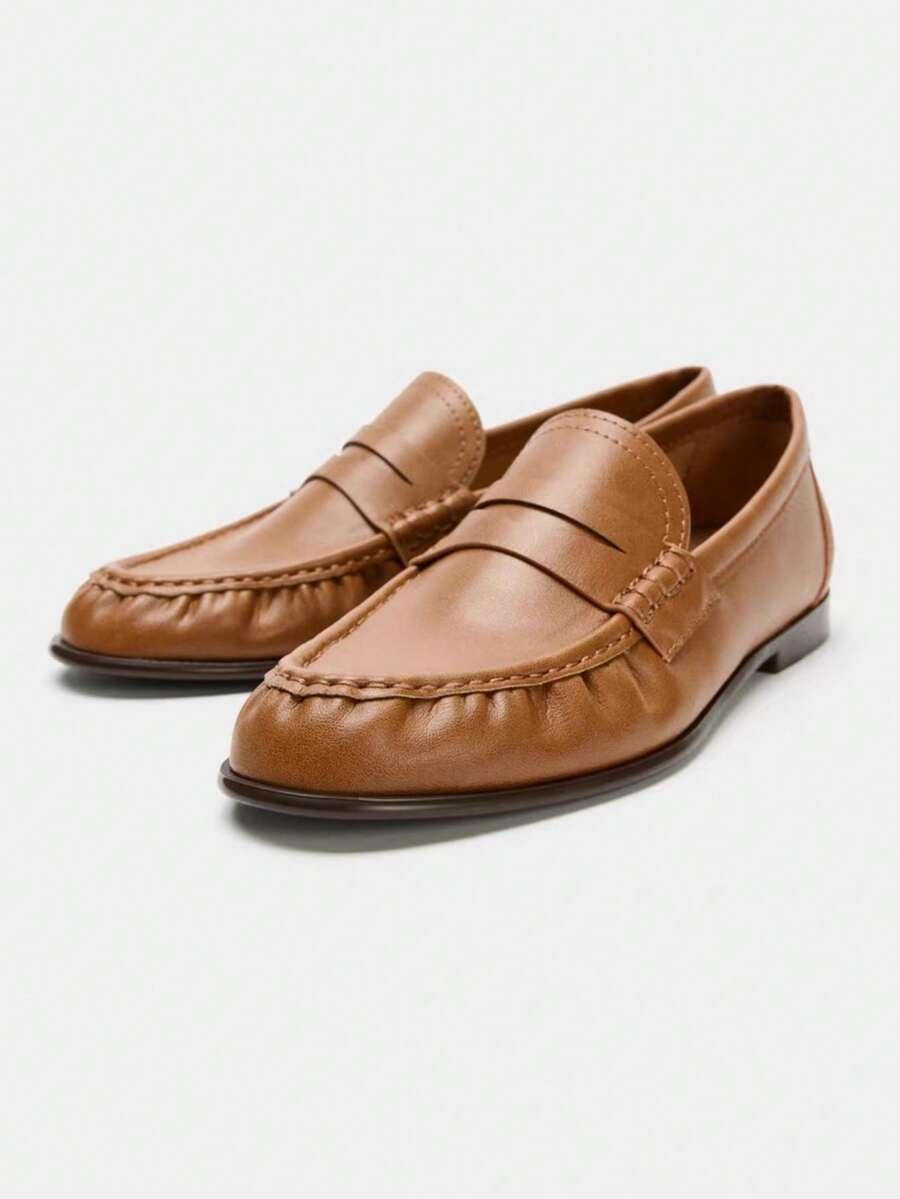 女士棕黑色口袋包覆圆头乐福鞋 - 棕色 - 查看 1