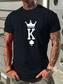 Men's 100% Cotton Printed T-Shirt K With Crown King Deck Blouse New - 黑色 - 查看 2