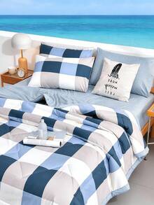 1pc Skin-Friendly Minimalist Plaid + Floral Quilted Wide-Edge Summer Quilt, Soft & Fine, Moisture-Wicking & Breathable, Minimalist & Elegant, Fashionable Air Conditioning Quilt - Blue Plaid Summer Quilt - View 6